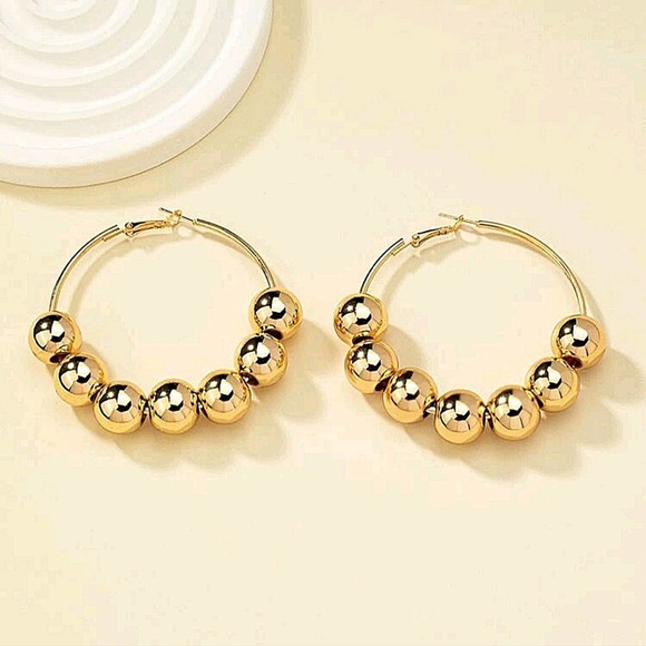Gold Hoop Ball Statement Earrings - Picture 3 of 5